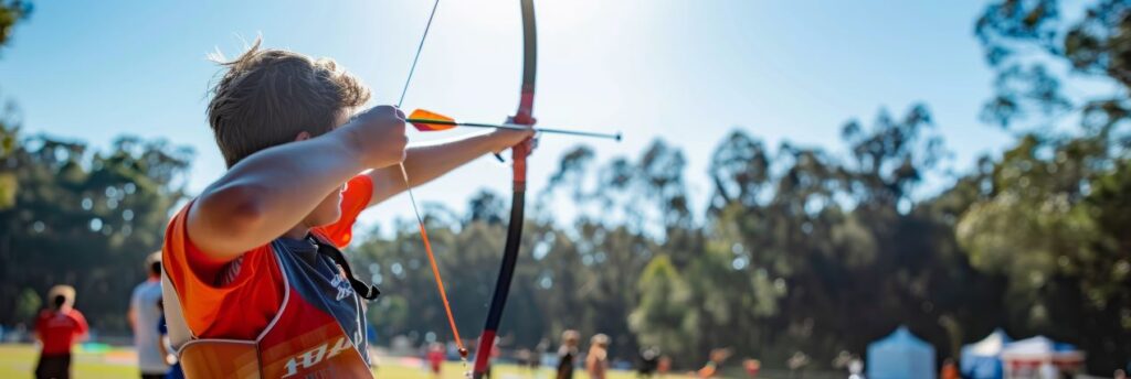 Kind trainiert mit Compoundbogen auf einem Sportplatz im Freien an einem sonnigen Tag